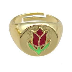 copper Rings with enamel lotus, adjustable, gold plated, approx 12mm, 17mm dia [FN23806]