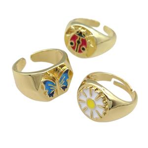 copper Rings with enamel, adjustable, gold plated, mixed, approx 12mm, 17mm dia [FN23807]