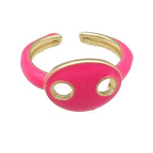 copper Rings with hotpink enamel pignose, adjustable, gold plated, approx 11-14mm, 17mm dia [FN23810]