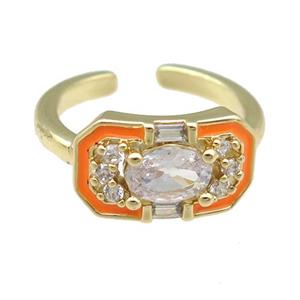copper Rings pave zircon with orange enamel, gold plated, adjustable, approx 9-15mm, 17mm dia [FN23822]