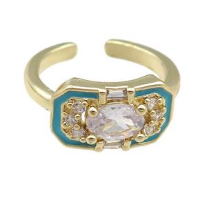 copper Rings pave zircon with blue enamel, gold plated, adjustable, approx 9-15mm, 17mm dia [FN23823]