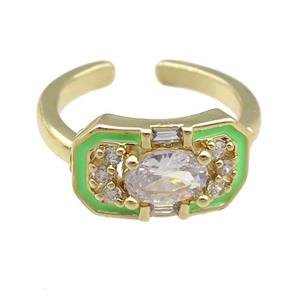 copper Rings pave zircon with green enamel, gold plated, adjustable, approx 9-15mm, 17mm dia [FN23824]