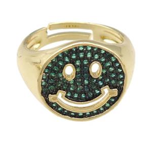 copper Emoji Rings pave green zircon, smileface, gold plated, adjustable, approx 15mm, 17mm dia [FN23827]