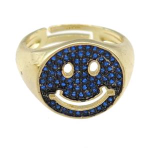 copper Emoji Rings pave blue zircon, smileface, gold plated, adjustable, approx 15mm, 17mm dia [FN23828]
