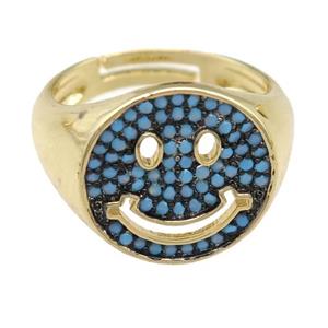 copper Emoji Rings pave turq zircon, smileface, gold plated, adjustable, approx 15mm, 17mm dia [FN23829]