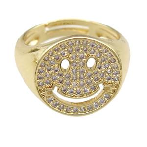 copper Emoji Rings pave zircon, smileface, gold plated, adjustable, approx 15mm, 17mm dia [FN23830]