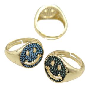 copper Emoji Rings pave zircon, smileface, gold plated, adjustable, mixed, approx 15mm, 17mm dia [FN23831]