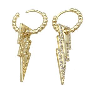 copper hoop Earrings pave zircon, lightning, gold plated, approx 8-26mm, 14mm dia [FN23843]