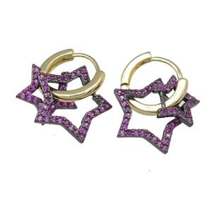copper hoop Earring with star pave hotpink zircon, gold plated, approx 11mm, 14mm [FN23846]