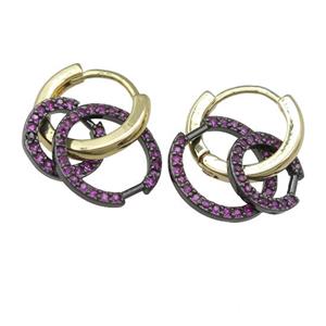 copper hoop Earring with circle pave hotpink zircon, gold plated, approx 9mm, 12mm [FN23851]