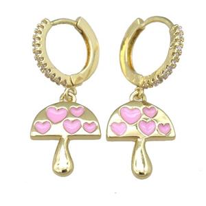 copper hoop Earring with pink enamel mushroom, gold plated, approx 12-14mm [FN23868]