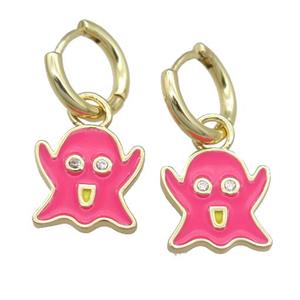 copper Hoop Earrings with hotpink Enamel Ghost, gold plated, approx 13mm [FN23875]