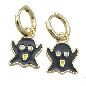 copper Hoop Earrings with black Enamel Halloween Ghost, gold plated, approx 13mm [FN23876]