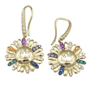 copper Hook Earring with sunflower pave zircon, gold plated, approx 20mm [FN23878]