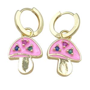 copper Hoop Earring with pink Enamel Mushroom, gold plated, approx 14-16mm, 13mm dia [FN23894]