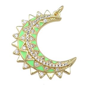 copper Crescent pendant pave zircon with green enamel, gold plated, approx 10-30mm [FN23908]