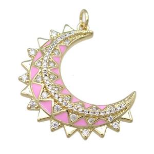 copper Crescent pendant pave zircon with pink enamel, gold plated, approx 10-30mm [FN23909]