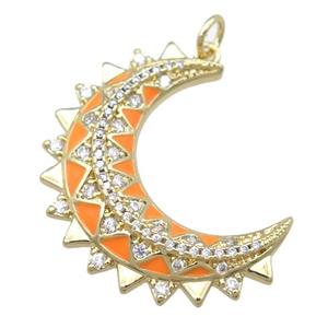 copper Crescent pendant pave zircon with orange enamel, gold plated, approx 10-30mm [FN23912]