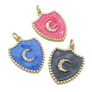 copper shield pendant with moon, enamel, gold plated, mixed, approx 18-20mm [FN23920]