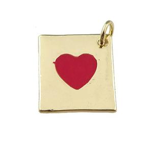 copper rectangle pendant with red enamel heart, gold plated, approx 13-16mm [FN23934]