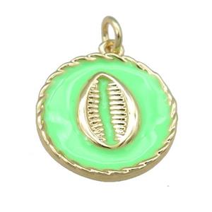 copper circle pendant with green enamel, mouth, gold plated, approx 17mm [FN23958]