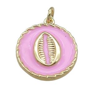 copper circle pendant with pink enamel, mouth, gold plated, approx 17mm [FN23959]