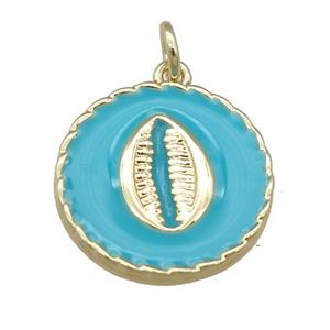 copper circle pendant with teal enamel, mouth, gold plated, approx 17mm [FN23960]