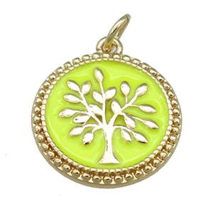 copper circle pendant with yellow enamel, tree, gold plated, approx 17mm [FN23964]