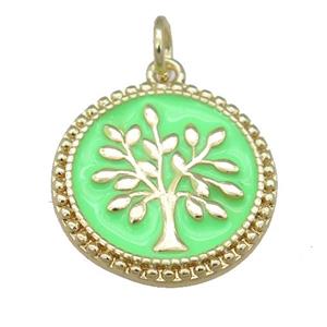 copper circle pendant with green enamel, tree, gold plated, approx 17mm [FN23965]