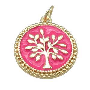 copper circle pendant with hotpink enamel, tree, gold plated, approx 17mm [FN23966]
