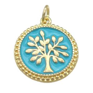copper circle pendant with teal enamel, tree, gold plated, approx 17mm [FN23967]