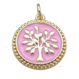 copper circle pendant with pink enamel, tree, gold plated, approx 17mm [FN23968]