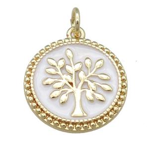 copper circle pendant with white enamel, tree, gold plated, approx 17mm [FN23969]