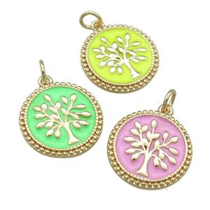 copper circle pendant with enamel, tree, gold plated, mixed, approx 17mm [FN23970]