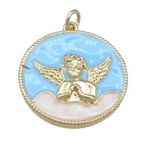 copper circle pendant with blue enamel, cherub, gold plated, approx 24mm [FN23971]