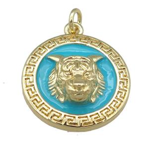 copper Tiger pendant with teal enamel, gold plated, approx 20mm [FN23972]