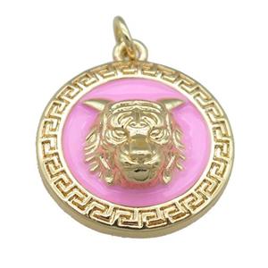 copper Tiger pendant with pink enamel, gold plated, approx 20mm [FN23975]