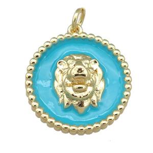 Copper Lion Pendant Teal Enamel Gold Plated, approx 20mm [FN23979]