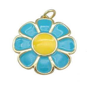 copper Sunflower pendant with blue enamel, gold plated, approx 20mm [FN23995]