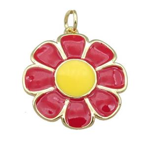 copper Sunflower pendant with red enamel, gold plated, approx 20mm [FN23998]