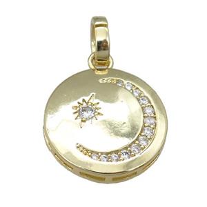 copper circle moon pendant pave zircon, gold plated, approx 20mm [FN24007]