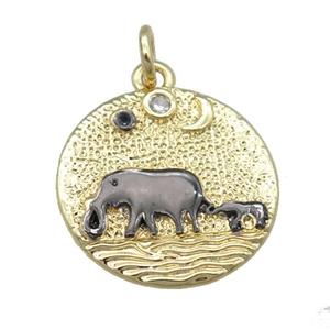copper circle pendant with black elephant Elephant, gold plated, approx 18mm [FN24010]