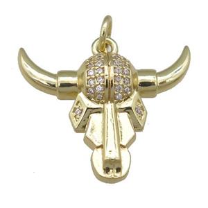 copper bullhead pendant pave zircon, gold plated, approx 18-23mm [FN24013]