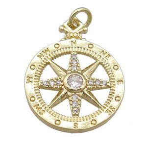 copper Compass pendant pave zircon, gold plated, approx 18mm [FN24015]