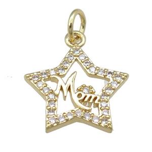 copper star pendant pave zircon, MOM, gold plated, approx 14mm [FN24020]