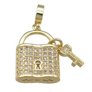 copper Lock Key pendant pave zircon, gold plated, approx 14-19mm [FN24022]