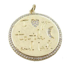 copper circle pendant pave zircon, gold plated, approx 28mm [FN24023]