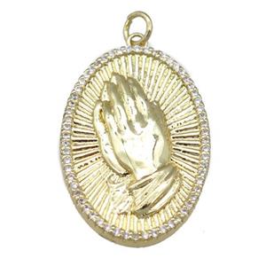 copper oval pendant pave zircon, praying, gold plated, approx 20-30mm [FN24024]