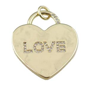 copper heart pendant pave zircon, LOVE, gold plated, approx 23-25mm [FN24025]