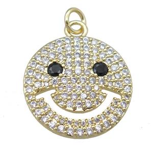 copper emoji pendant pave zircon, smileface, gold plated, approx 20mm [FN24029]